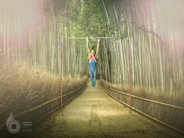 Woman hanging in a bamboo tunnel